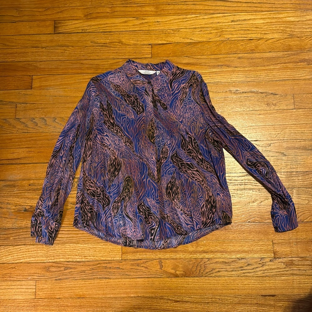 & Other Stories Pink Indigo Black Zebra Print Concealed Button Down Shirt 🧞‍♀️🦓